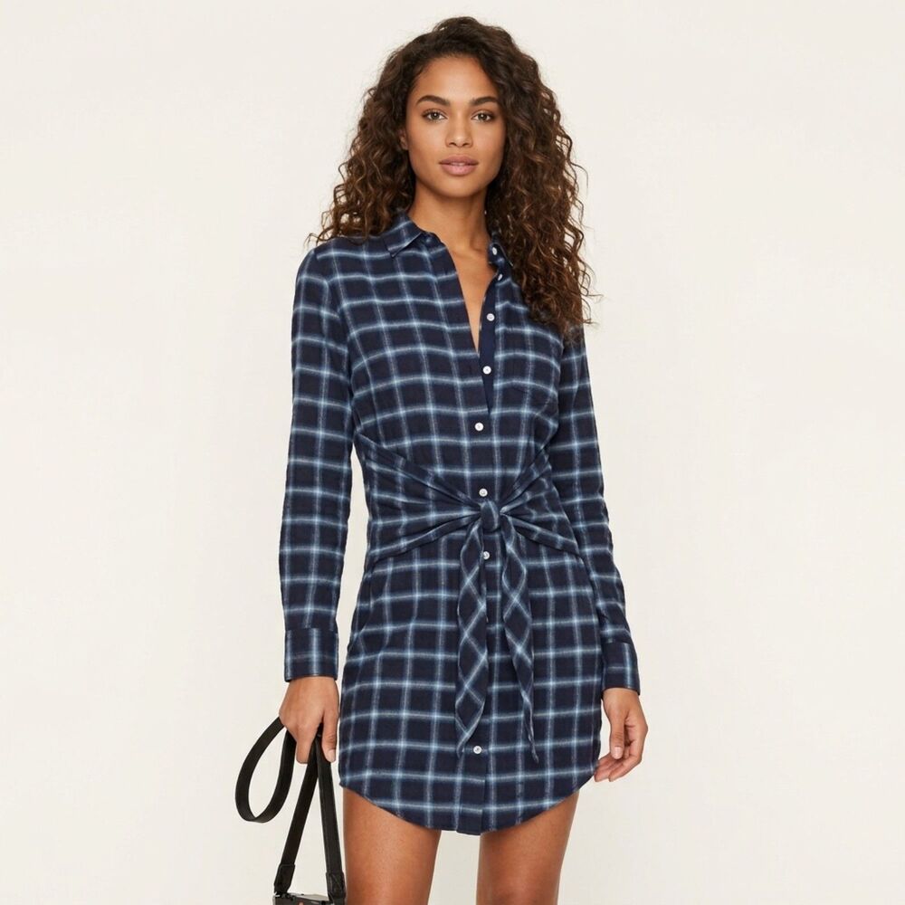 Rag & Bone Jean Sadie Plaid Shirt Dress Womens Small Blue Flannel Tie Front